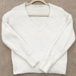 White Fuzzy V-Neck Sweater - Holiday Party / Christmas /New Year’s - Soft & Cozy